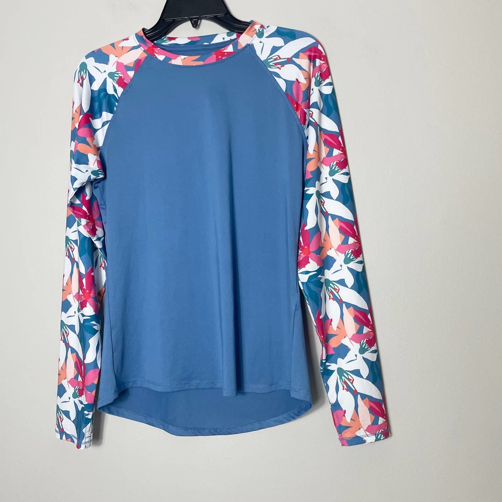 Long Sleeve Blue Raglan Floral Sleeve Women's Top